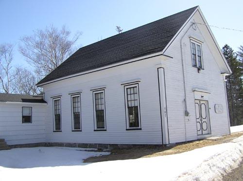 Exterior view of the historic church in winter